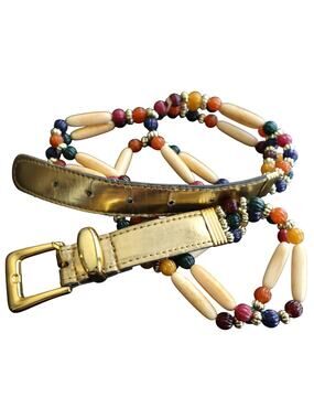 Vintage 80s 90s Beaded Belt Gold Buckle Boho Hippie Retro Womens Small Medium